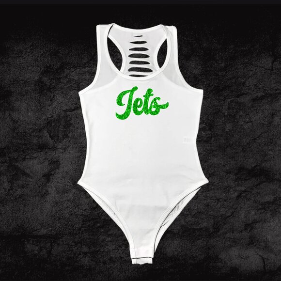 Glitter green White Jet football bodysuit, New York Outfit, NY Fan, Jet Gift - Picture 1 of 3